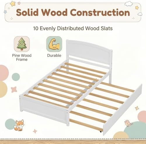 Daybed with Trundle, Twin Size Pull Out Bed, Solid Wood Extendable Day with Trundle Bed Twin, Include Slat Support (White, Trundle)