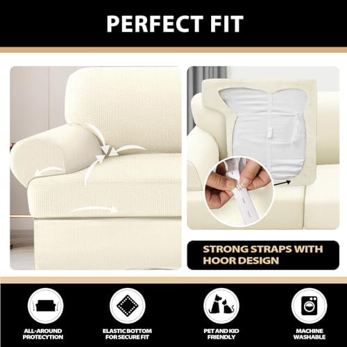 3 Pieces Sofa Covers fot T Cushion Loveseat Slipcover, Sofa Stretch Slip Covers for 2 Cushion Couch with 2 Individual T Shape Seat Covers (Light Yellow, 2 Cushion)
