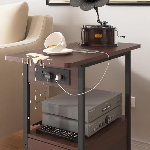 LIDYUK End Table with Charging Station, Narrow Side Table with Drawer