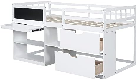 Bellemave Twin Size Low loft Bed for Kids,Wood Loft Beds,Modern Farmhouse Twin loft Bed,Loft Bed with Rolling Desk and Storage, Shelf and Drawers No Box Spring Needed,for Kids, White