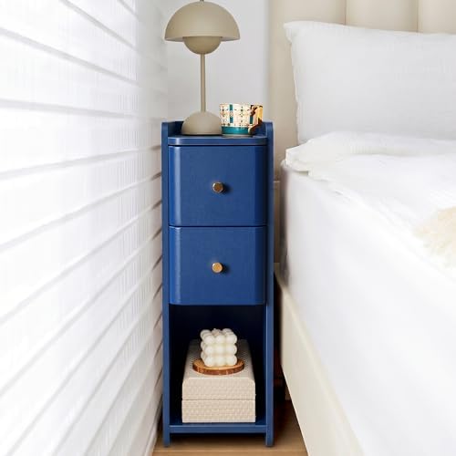 FurSch Narrow Nightstand, Wooden 2 Drawer, Slim Side End Table, Blue, 1 pc