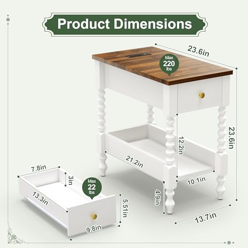 YOSHOOT Farmhouse End Table with Charging Station, Narrow Side Table