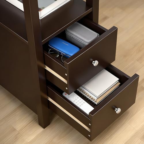 SUPER DEAL End Table with Drawers 3 Tier Narrow Side Table Wood Sofa Table for Living Room Bedroom Office Small Spaces, 23.6 x 24 inch Espresso
