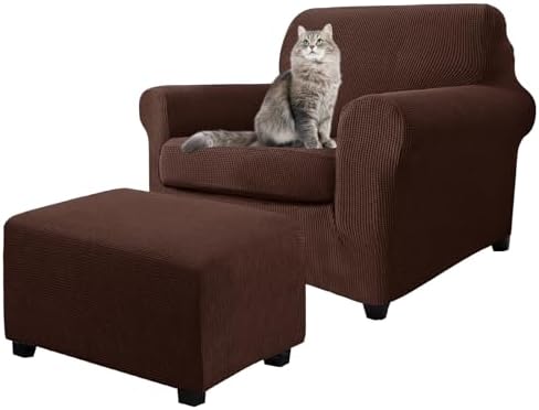 3 Piece Stretch Matching Chair and Ottoman Slipcover Set, Jacquard Arm Chair/Ottoman/Fitted Seat Covers, Non-Slip Accent Armchair and Foot Stool Slip Cover (Brown,3 Pieces Set)