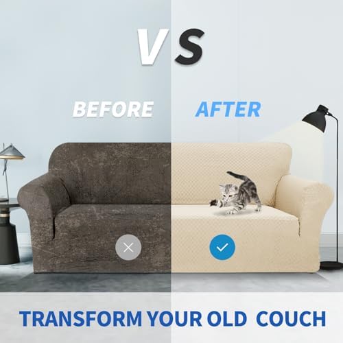 ZNSAYOTX 1 Piece Jacquard Couch Covers for 2 Cushion Couch High Stretch Loveseat Slipcover for Pets Dogs Anti Slip Love Seat Sofa Slipcover Furniture Protector (Loveseat, Light Beige)