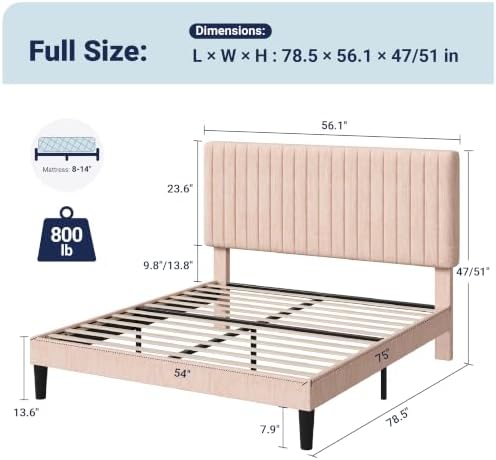 Allewie Full Bed Frame, Upholstered Platform Bed with Adjustable Vertical Channel Tufted Headboard, Mattress Foundation with Strong Wooden Slats, Box Spring Optional, Easy Assembly, Chenille Pink