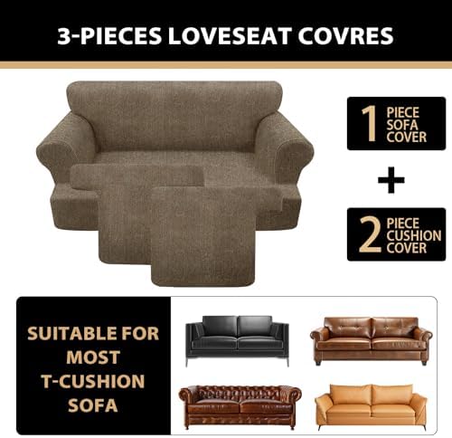 Sofa Covers 3 Piece T Cushion Sofa Slipcovers, Stretch Couch Cover with 2 Individual T Cushion Covers, Machine Washable Furniture Protector for Living Room(Brown, 2 Cushions)