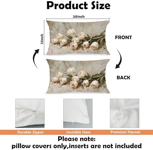 Vintage White Tulip Floral Lumbar Pillow Cover 12x20 Double-Sided, Cottagecore Room Decor, Neutral Farmhouse Spring White Flower Decorative Throw Pillow Cover for Living Room Home Bedroom