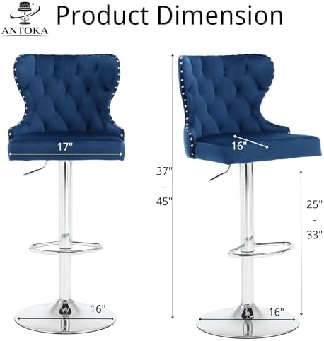 Set of 2 Adjustable Swivel Bar Stools, Velvet Upholstered Counter Height Chairs with Nailhead Trim, Silver Footrest, and High Back for Kitchen Island, Home Bar, Dining Room, Cafe,Blue