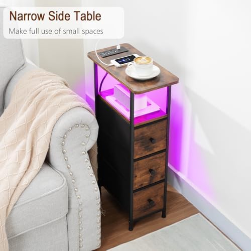 LOAKEKEL Narrow End Table with Charging Station, Small Nightstand