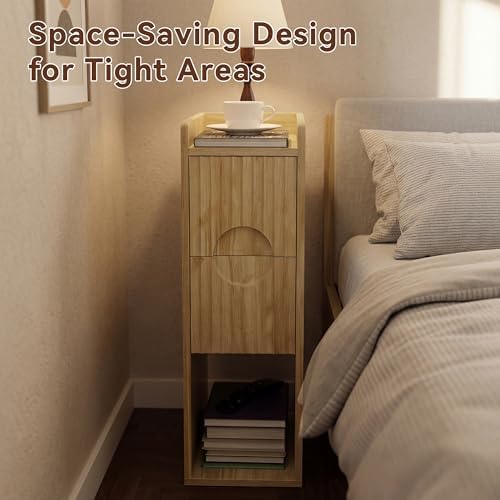 Narrow Nightstand Set of 2, Wood 2 Drawer Narrow Nightstand, Skinny Night Stand with Open Storage, Mid Century Modern Slim Bedside Table for Bedroom, Natural Oak