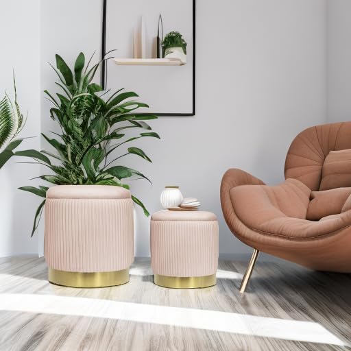 YYW HOME Velvet Round Ottoman with Storage Set of 2, Pink Vanity Stool