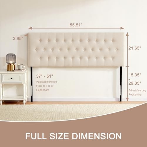 Tufted Upholstered Headboard Full Size, Adjustable Height 37- 51 in, Beige
