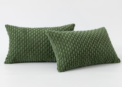 Kevin Textile Soft Corduroy 12"x20" Lumbar Pillow Covers 2 Pack, Moss Green