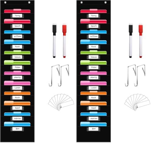 12 Pockets File Storage Pocket Chart with 12 Nametag Pockets,Hanging Wall File Organizer for Classroom and Office, Organize Your Assignments, Files, Scrapbooks, Paper (Black) (Pack of 2)