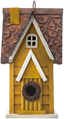 Glitzhome Bird Houses for Outside, 12" H Solid Wood Blue Bird House, Yellow Distressed Cottage Bird Nesting Box Decorative Birdhouse Hanging Bird House for Outdoors, Finch Swallow Wren Chickadee