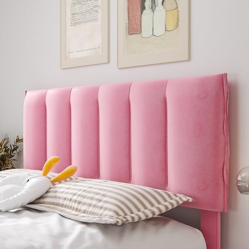 VECELO Full Upholstered Bed Frame with 4 Storage Drawers and Adjustable Velvet Headboard, Heavy-Duty Platform bedframe, No Box Spring Needed, Pink