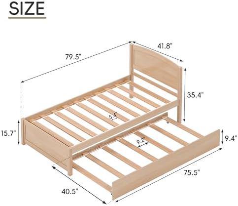 Twin Trundle Bed, Solid Wooden Pull Out Bed Frame, Extendable Day Bed with Headboard and Soild Wood Slats Support, Bedroom, Living Room, Guest Room, No Box Spring Needed (Natural)