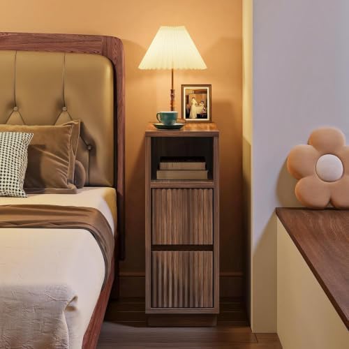 CHOEZON 8.7" Narrow Nightstand Set of 2, Small Bedside Table with Drawers, Skinny Side Table, Modern Nightstand with 1 Semi-Open Shelf, Floating End Table, for Living Room, Bedroom, Walnut MBZ12P2HT