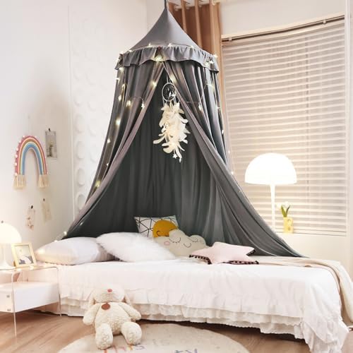 Kertnic Decor Princess Canopy for Girls Bed, Soft Smooth Playing Tent Canopy Room Decoration Castle, Dreamy Mosquito Net Bedding, Reading Nook Canopies in Home (Gray)