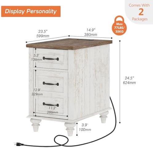 WAMPAT Set of 2 End Tables with Charging Station, Antique White Nightstands