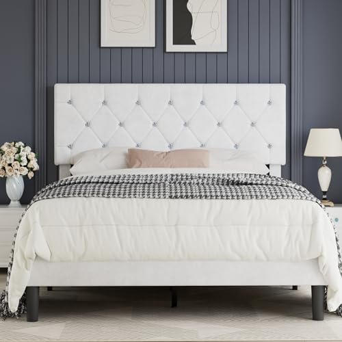 VECELO Full Size Bed Frame with Diamond Tufted Headboard, Upholstered Platform Bedframe with Wood Slat Support, No Box Spring Needed, Velvet & White