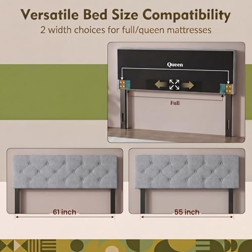 GIANTEX Linen Upholstered Headboard, Queen/Full Size Button Tufted Linen Fabric Head Board with Wood Support Legs, Attach Frame, Width Adjustable Modern Bed Headboard Only (Gray)