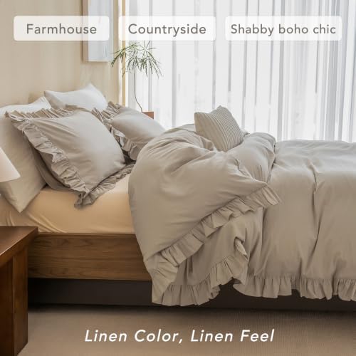 Washed Cotton Duvet Cover King Ruffle Duvet Cover Linen Textured Farmhouse Shabby Vintage Chic Bedding Comforter Cover 3 PCs Aesthetic French Country Vintage King Bedding
