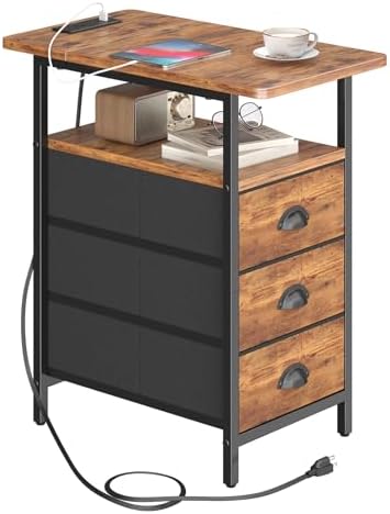 sthmec End Table with Charging Station, Side Tables Livingroom with USB Ports and Outlets,Narrow Nightstands Bedside Tables with 3 Drawers for Small Space,Slim Sofa Table Bedroom,Rustic Brown