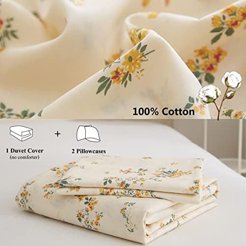 Flower Duvet Cover Set 100% Cotton Queen(90"x90"),Yellow Floral