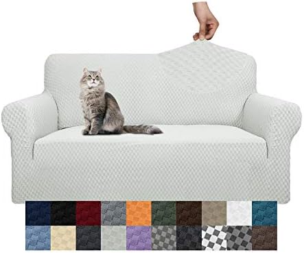 YEMYHOM Couch Cover Latest Jacquard Design High Stretch Sofa Covers for 2 Cushion Couch, Pet Dog Cat Proof Loveseat Slipcover Non Slip Magic Elastic Furniture Protector (Medium, Ivory)