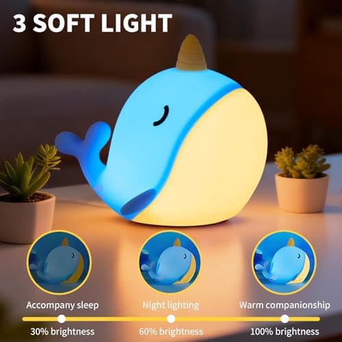 Cute Narwhal Night Light, Tap Control with 3 Warm White Brightness, USB Kids Bed Lamp with 30-Minute Timer, Soft Silicone Glow for Nursery, Birthday Gift, Blue