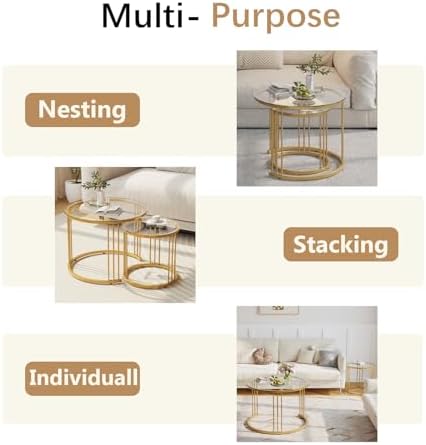 Garden 4 you Nesting Coffee Table, 23.6" Round Coffee Table Set of 2, Glass Nesting Table with Metal Frame, Ceter Tables for Living Room Bedroom Balcony, Gold