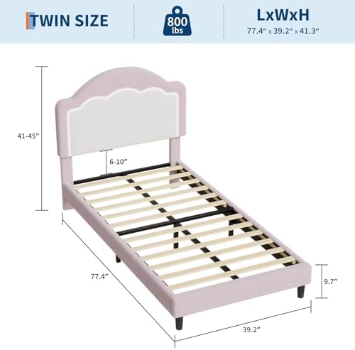 IDEALHOUSE Twin Bed Frame with LED Headboard, Boucle Fabric Upholstered Platform Bed with LED Light for Kids, Girls, Wooden Slats Support, No Box Spring Needed, Pink