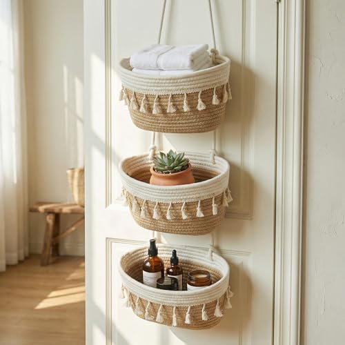 Over the Door Organizer, 3-Tier Cotton Rope Hanging Storage Basket