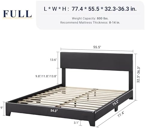 Allewie Full Size Faux Leather Bed Frame, Adjustable Headboard, Black