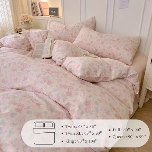 100% Cotton Muslin Duvet Covers Queen Size Pink Floral Soft Breathable Bedding Set with Zipper,3 Pcs Romantic Aesthetic Comforter Covers 90"X90",1 Duvet Cover and 2 Pillowcases