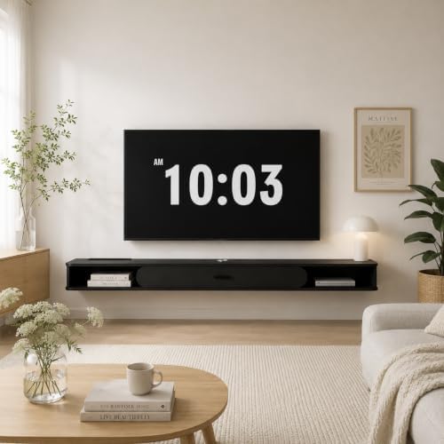GHC Floating TV Stand, 75'' Wall Mounted TV Cabinet, Floating Shelves with Door, Media Console for DVD Player, Space-Saving Under TV Shelf for Bedroom & Living Room (Black)