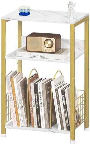 LELELINKY Side Table,White Marble Night Stand with Golden Metal Frame,3 Tier Industrial Wooden Record Player Stand with Vinyl Storage Shelf ,End Tables for Living Room Bedroom Small Spaces