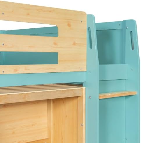 LUMISOL Full Size Loft Bed with Storage and Bookshelf, Playhouse Wooden High Sleeper Bed with Guardrails and Ladder, Space Saving Loft Bed for Kids Boys and Girls, Blue