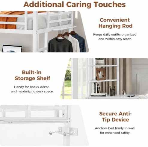 Twin Loft Bed with Desk, USB Charging Station, LED Light，Storage Shelves