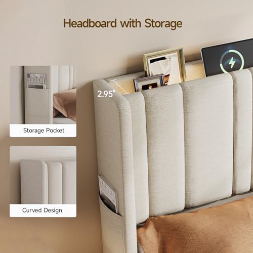 ONBRILL Queen Size Headboard with Storage, LED Light, Off White