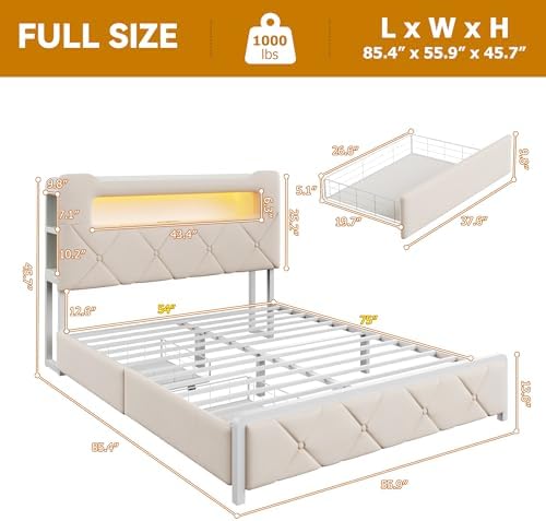 Full Upholstered LED Bed Frame with 2 Storage Drawers and 2-Tier Storage Headboard, Velvet Princess Platform Bed with Charging Station & Bookcase,Heavy Duty Metal Support,No Box Spring Needed,Beige