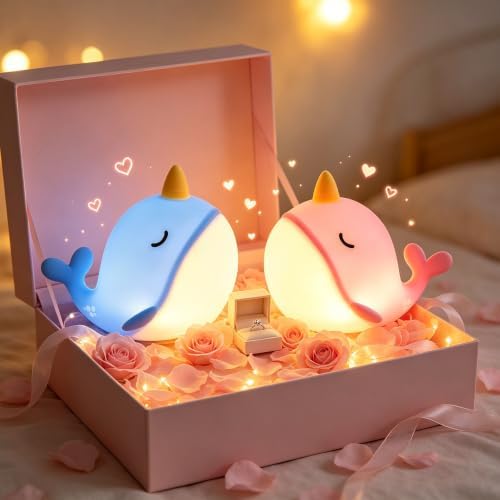 Fuloon Narwhal Night Light, 3 Dimming Silicone Touch Lamp with Rechargeable Battery & Timer, Cute Squishy Unicorn Whale Desk Decor, Funny White Elephant Gift for Adults Teens Kids (Pink+Blue 2PCS)