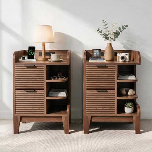 Nightstand with Charging Station, Fluted Night Stand Set of 2