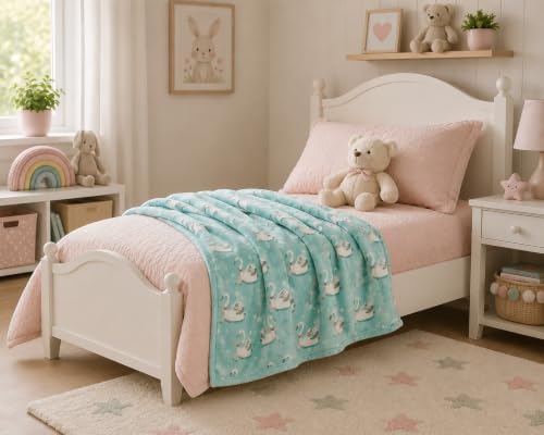 Soft Fleece Throw Blanket, Farmhouse Elegant White Swans Aqua, 50x70