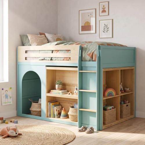 LUMISOL Full Size Loft Bed with Storage and Bookshelf, Playhouse Wooden High Sleeper Bed with Guardrails and Ladder, Space Saving Loft Bed for Kids Boys and Girls, Blue