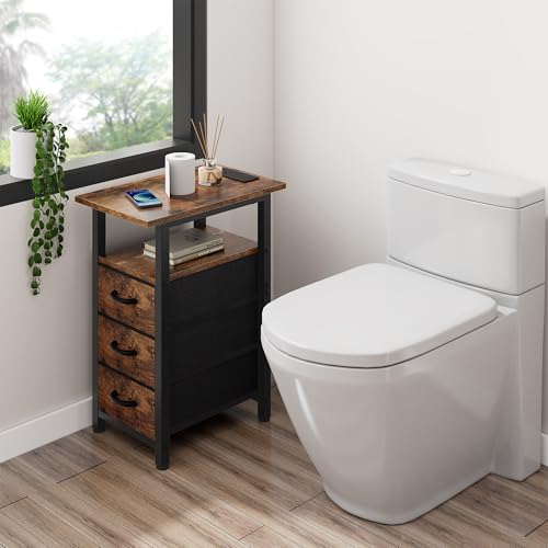 Vagusicc Set of 2 Night Stand with Charging Station, Narrow Nightstand with U-S-B Ports and Outlets, Small Night Stand 3 Fabric Storage Drawers, Small Bedside Table, Rustic Brown