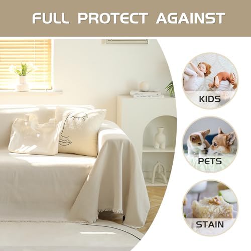MEETSKY Couch Cover for Dogs, Washable Couch Covers for 3 Cushion Couch Sofa, Oversized Couch Protector for Sectional L Shape, Chenille Beige Sofa Slipcover with Tassel, 71"x 150"