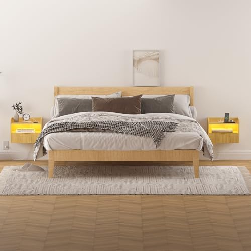 Veegle Floating Nightstand with Charging Station and LED Lights (Yellow Oak)